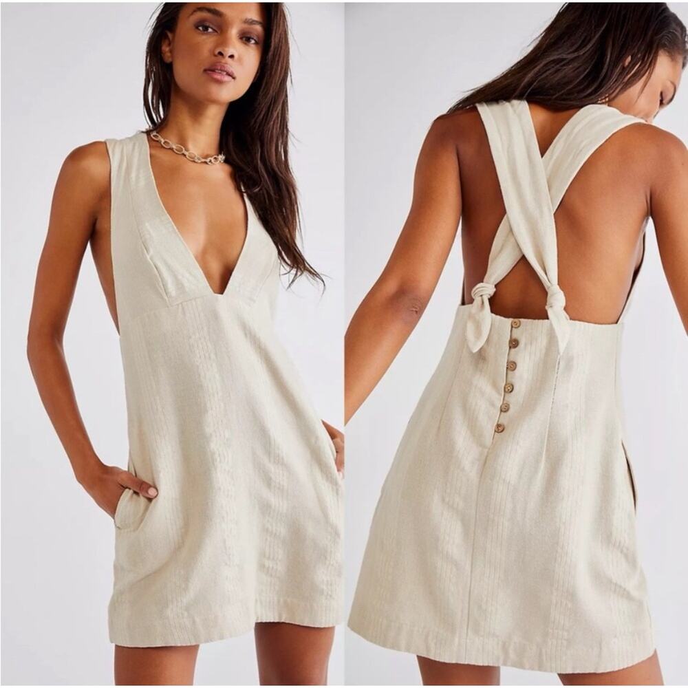 Sleeveless V-Neck Cross-Back Mini Dress in Cream